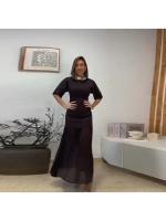 Moda manga corta Patchwork plisado Midi vestido mujer elegante cuello redondo cintura alta fiesta vestido largo señora vacaciones Vestidos - details 0