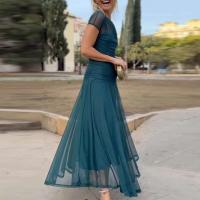 Elegante Vestido de Fiesta de Moda Manga Corta, Cuello O, Vestido Largo con Pliegues y Parches de Malla Ropa de Comodidad Casual para Mujeres - details 5
