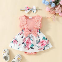 Vestido de Bebé Niña Flor Sin Mangas triangular Con Capucha, 0 a 1 Años, Encaje, Cinta corporal Para El Pelo, 2024 - details 1