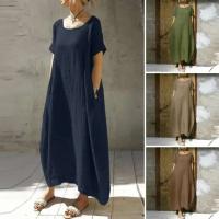 Vestido largo casual de verano para mujer, manga corta, cuello redondo TRE, bolsillos, largo hasta el tobillo - details 1