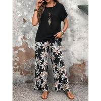 Conjunto de dos piezas de verano, suéter holgado versátil con cuello redondo estampado, atuendo informal para mujer - details 11