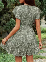 Vestido de manga corta con cuello en V y lazo floral de cintura alta estilo francés de verano para mujer - details 7