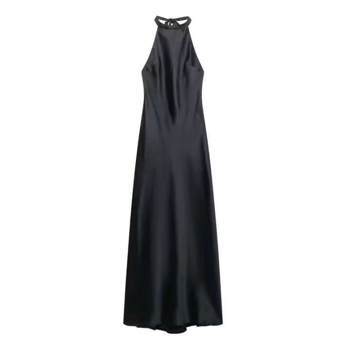 Vestido halter de satén estilo minimalista francés sin espalda para mujer, vestido midi con cremallera lateral y lazo, vestidos de - 1