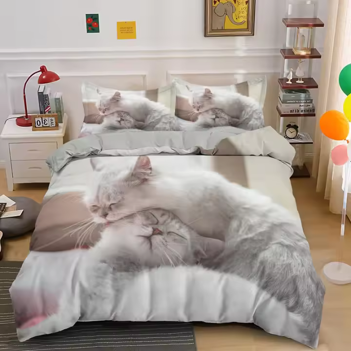Conjunto de Cama de Gato Kawaii Funda de Duvet de Poliéster Suave Tamaño de Cama Doble - 1