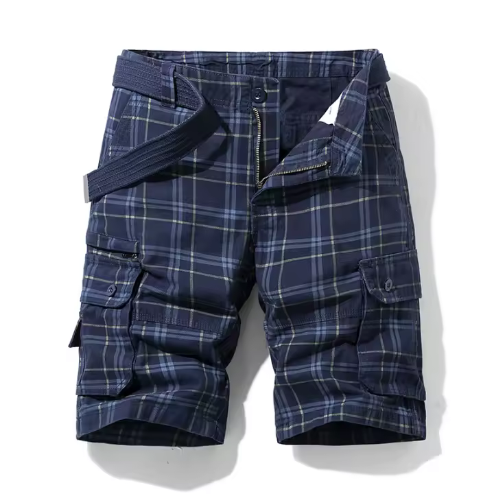 Pantalones Cortos de Verano de Algodón para Hombres Ropa de Trabajo Casual Deportiva con Cinco Minutos Estilo Simple Pantalones de Cuadrícula Adelgazados con Múltiples Bolsillos - 1