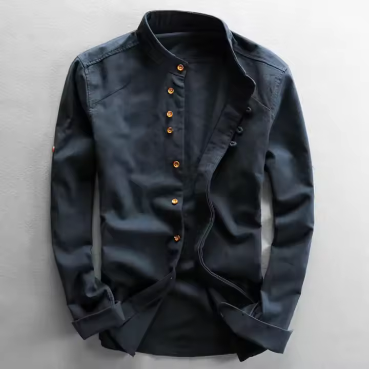 Camisa Casual de Algodón y Lino Estilo Japonés para Hombre Top Clásico Transpirable con Manga Larga y Cuello Alto Color Sólido Harajuku - 1