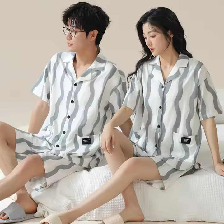 Conjunto de pijama de verano para hombre y mujer, ropa de dormir fina de manga corta para el hogar, 2025 - 1