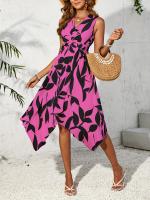 Falda media falda larga sin mangas con estampado de hojas, vestido irregular de giro, sentido del diseño de las mujeres de primavera y verano - details 2