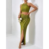 2025 nueva ropa de mujer, traje de mujer, chaleco + falda larga, slim, cadera, giro, verde - details 6
