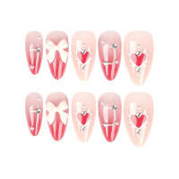 24 PCs Uñas Postizas De Forma Almendrada Para Día De San Valentín Con Nudo De Perla Y Amor 1 Archivo Y 1 Pegamento De Gelatina - details 4