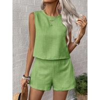 Conjunto casual de dos piezas para mujer, camiseta sin mangas de lino y algodón sólido de color y pantalones cortos. - details 6