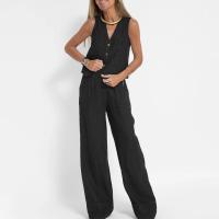 Elegante chaleco Y2K para mujer, conjunto de 2 piezas, sin mangas, cuello en V, con botones, ropa de abrigo, conjunto de pantalones de pierna ancha - details 7