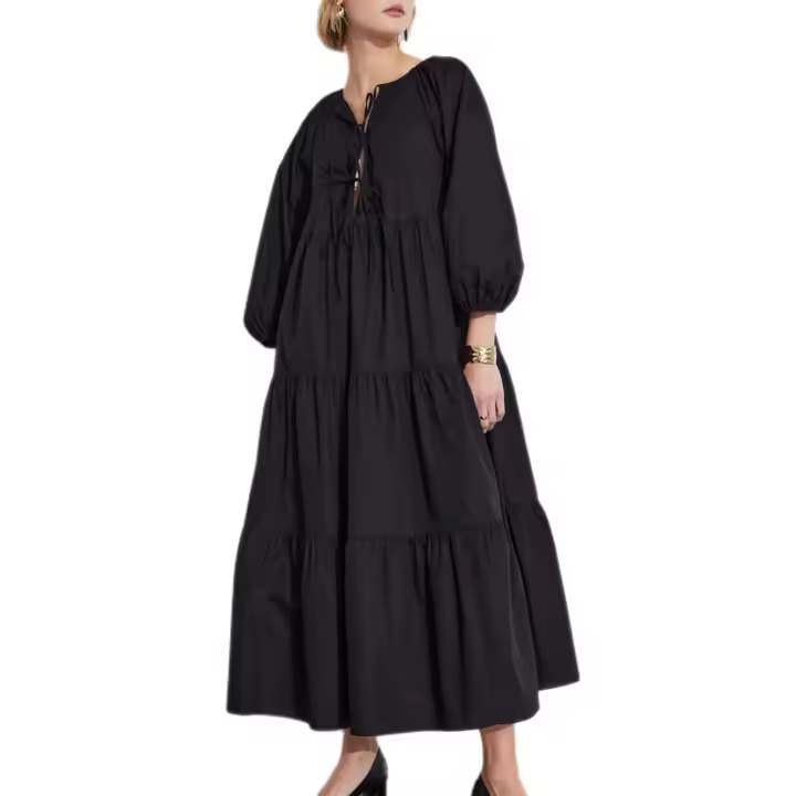 Vestido midi de verano elegante de manga larga con cuello redondo y lazo en la parte delantera A-e para mujer - 1