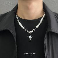 Collar cruzado de perlas de imitación de Hip Hop para hombres y mujeres, cadena de acero de titanio de tendencia, colgante Kpop, joyería, accesorios Unisex - details 1