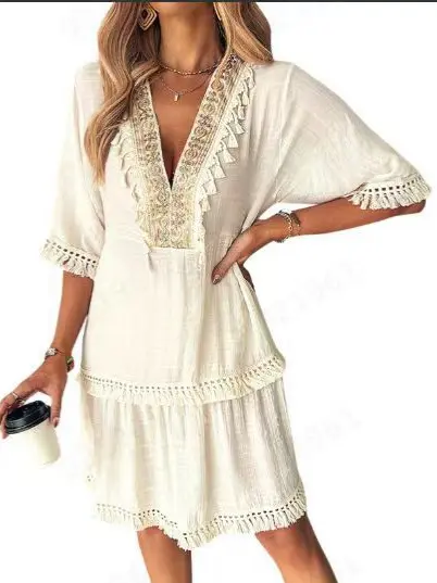 Vestido de mujer Vestidos casuales elegantes con cuello en V bordado - 1