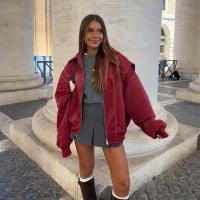 Chaqueta de cuero con cremallera para mujer, abrigo recortado de manga larga con solapa, color rojo vino, Vintage, moda de otoño - details 8