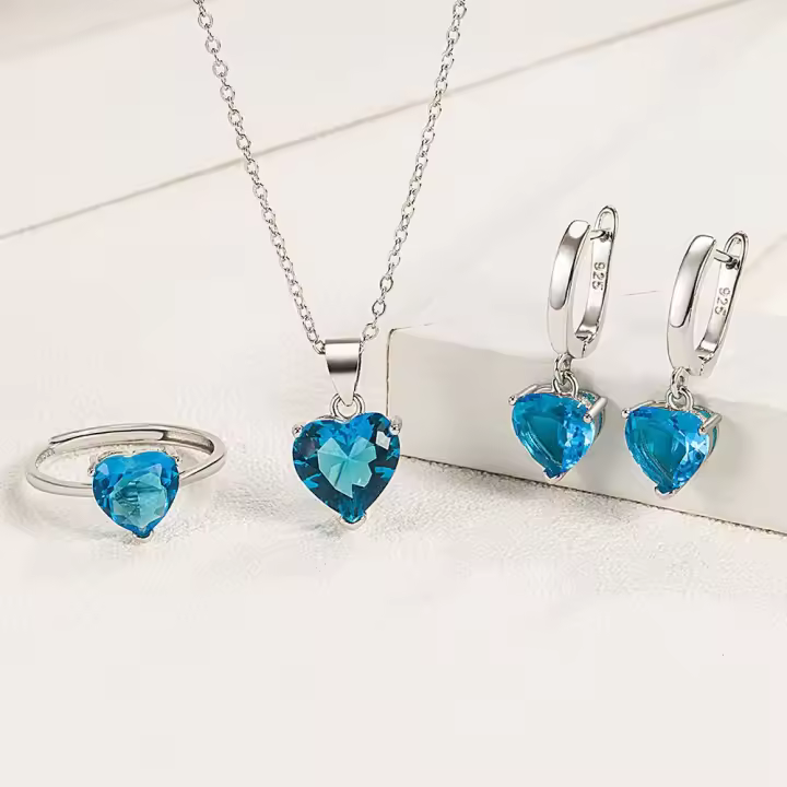 Conjuntos de Joyería de Plata Esterlina 925 Anillo de Zirconia Corazón, Pendientes, Collar - 1