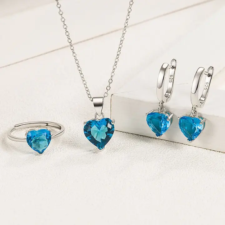 Conjuntos de Joyería de Plata Esterlina 925 Anillo de Zirconia Corazón, Pendientes, Collar - 1