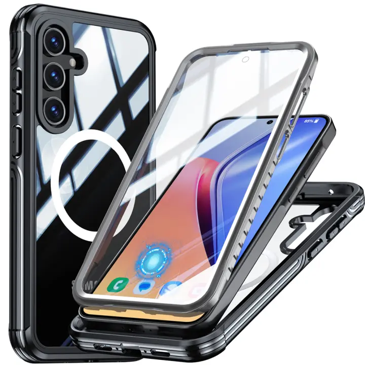 Funda protectora de vidrio de doble capa para móvil, cubierta de carga inalámbrica transparente a prueba de golpes para Samsung Galaxy S25 Ultra S24 FE A16 A55 5G, 360 - 1