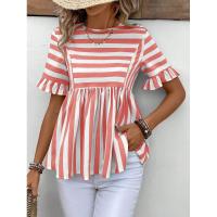Nuevo Vestido camisero de verano para mujer, cuello redondo, manga con volantes, holgado, cómodo, a rayas - details 26