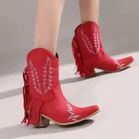 Fabricante de botas de vaquero con tacón de 6cm de cuero PU con cabeza cuadrada y tobillo occidental grande con borla y correa - details 2