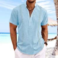 Camisa de manga corta para hombre, top de algodón y lino, color sólido, verano, europeo y americano - details 3