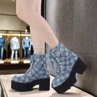Dropshipping logo moda denim tacón grueso mujeres, botines con cordones de talla grande para mujer - details 1