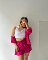 Conjunto de dos piezas para mujer, camisa de manga larga con cuello vuelto de tela arrugada, pantalones cortos con cordón de cintura alta, moda informal de talla grande - details 30