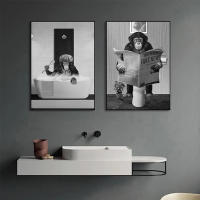 Póster de Mono de Baño Divertido JUBEER en Blanco y Negro Pintura en Lienzo de Animal de Baño Leyendo el Periódico Decoración de pared para el hogar - details 1
