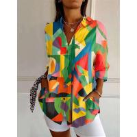 Camisa holgada informal artística estampada a la moda para mujer con botones rectos, Tops S-3XL - details 3