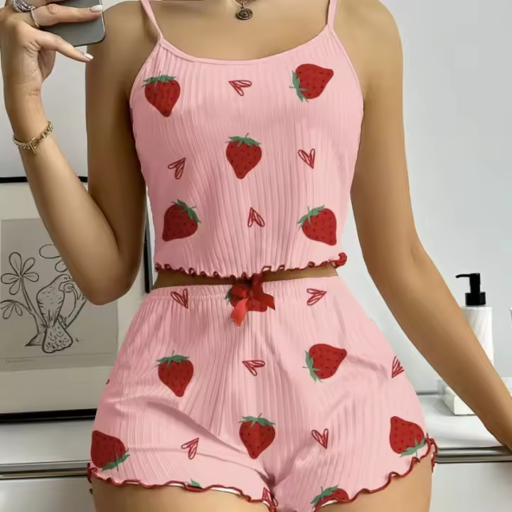 Conjunto estampado de amor de fresa europeo y americano, conjunto de pantalones cortos con tirantes para mujer, conjunto de dos piezas, dulce y lindo - 1