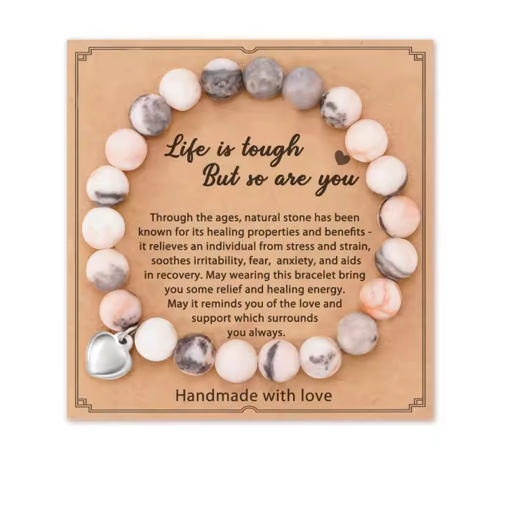 Pulsera elástica de piedra de cebra esmerilada de 8mm, colgante de corazón para mujer, cadena de cuentas hecha a mano - 1