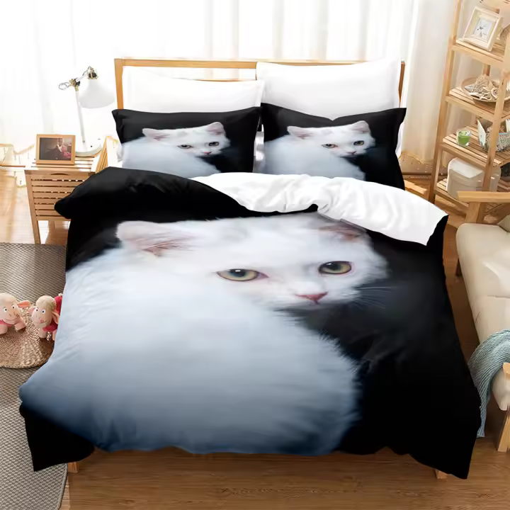 Juego de Ropa de Cama Digital 3D de Gato Blanco Funda de Edredón, Funda de Almohada Estilo Popular - 1