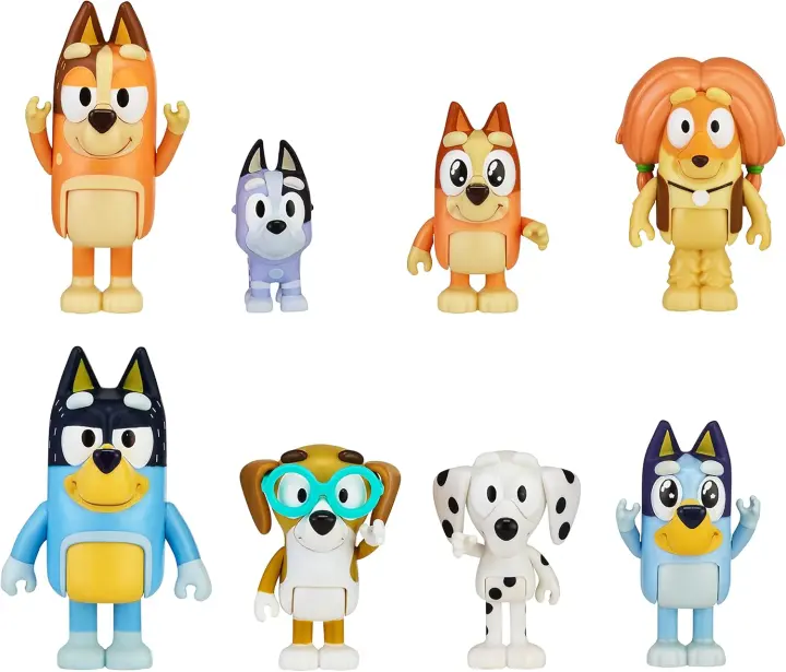Bluey Paquete de 8 Muñecos Articulados Personajes de Familia y Amigos como Bingo, Bandit y Pimienta Chili Juguete de Coche Práctico para Niños y Niñas de 3 Años en Adelante - 1