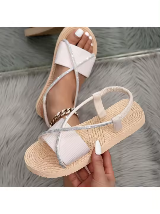 GIOIO Sandalias Planas Para Mujer, Zapatillas Geniales, Zapatillas Cruzadas De Franela Con Suela De Cáñamo Falsa De Cuerda De Cáñamo De Imitación - 1