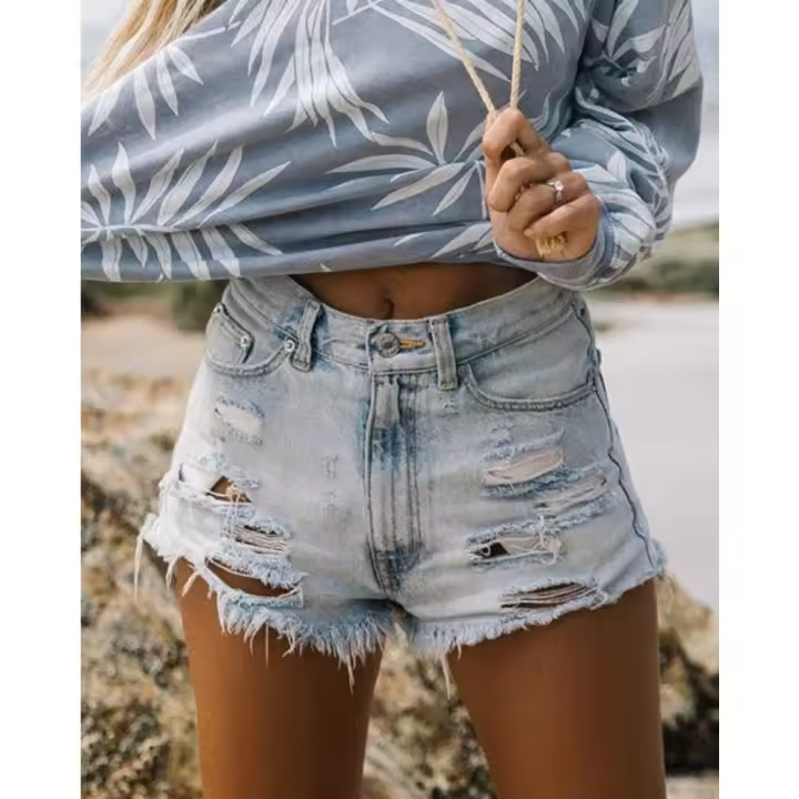 Pantalones cortos de mezclilla con borlas rasgadas de cintura alta Pantalones calientes para mujer - 1