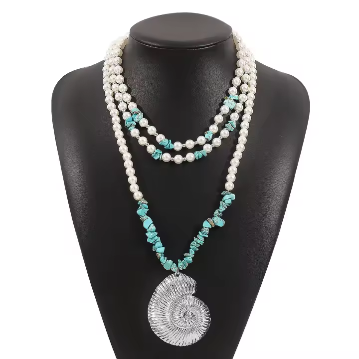 Collar colgante grande de concha de viento de vacaciones en la playa, cadena de cuello multicapa de grava de perlas frescas de verano - 1