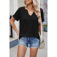 BUNO-2025 Nueva camiseta holgada de manga corta con cuello en V de Color sólido para mujer - details 29
