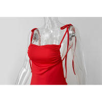 Vestido corto ajustado de verano, sexy, con tirantes finos, fruncido, espalda descubierta, lazo y volantes para mujer - details 11