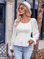 Top informal de manga con volantes para mujer, Top con cuello redondo y cintura, Color liso, otoño e invierno, 2023 - details 3