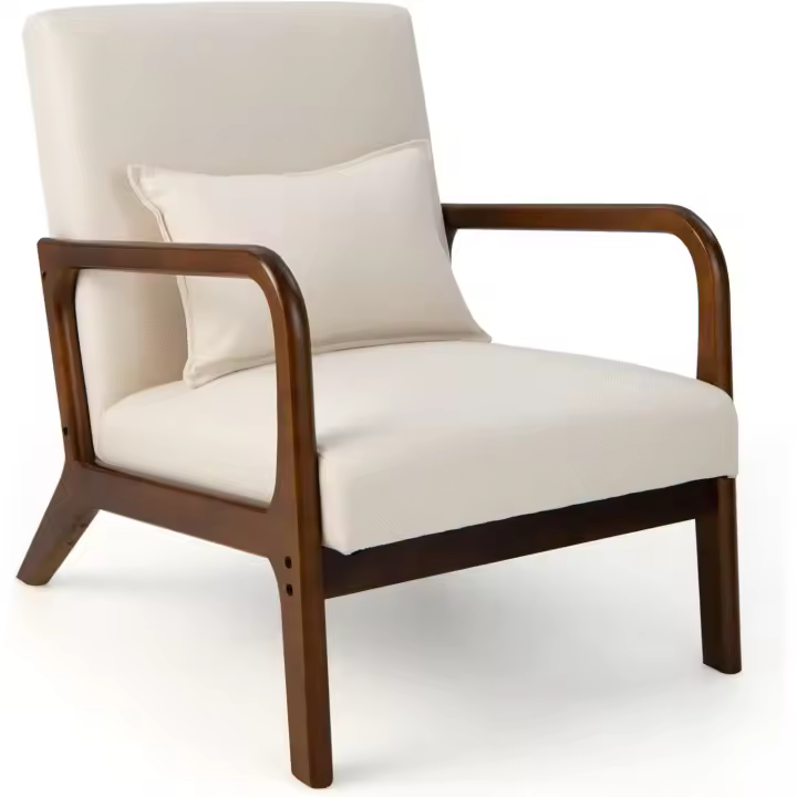 Silla Moderna de Madera, Butaca de Salon con Almohada Lumbar, Almohadillas de Fieltro Antideslizantes, Sillón de Lectura Tapizado en Tela, 79 x 65 x 77 cm (Beige) - 1