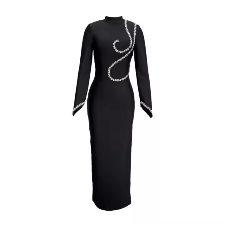 2024 nuevo vestido negro delgado y delgado con cuentas de manga larga vestido largo Maxi vestidos para mujeres - 1