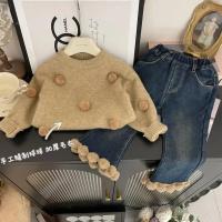 Suéter para niños para niñas 2025, Otoño Invierno, nuevo suéter de punto grueso coreano occidental, conjunto de pantalones vaqueros de invierno, moda - details 2