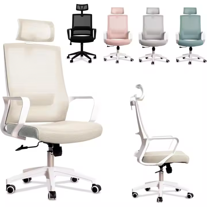 Oficina Ajustable y Reclinable con Soporte Lumbar, Reposacabezas Ajustable, Malla Transpirable, Ruedas Giratorias 360 °   Soporta hasta 100kg (Gris) - 1
