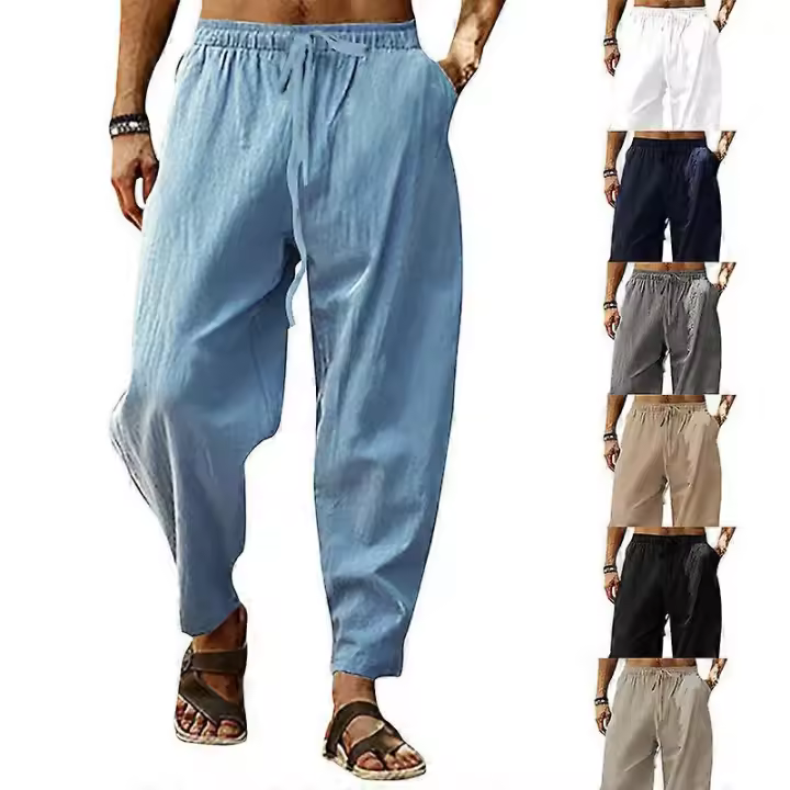 Pantalones de lino para hombre Pantalones casuales sueltos con cintura elástica BSSM - 1