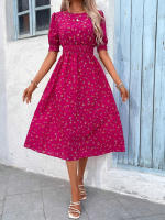 Vestido de mujer, novedad de verano 2025, vestido de longitud media acampanado a la moda con cintura alta y flores redondas para mujer - details 27