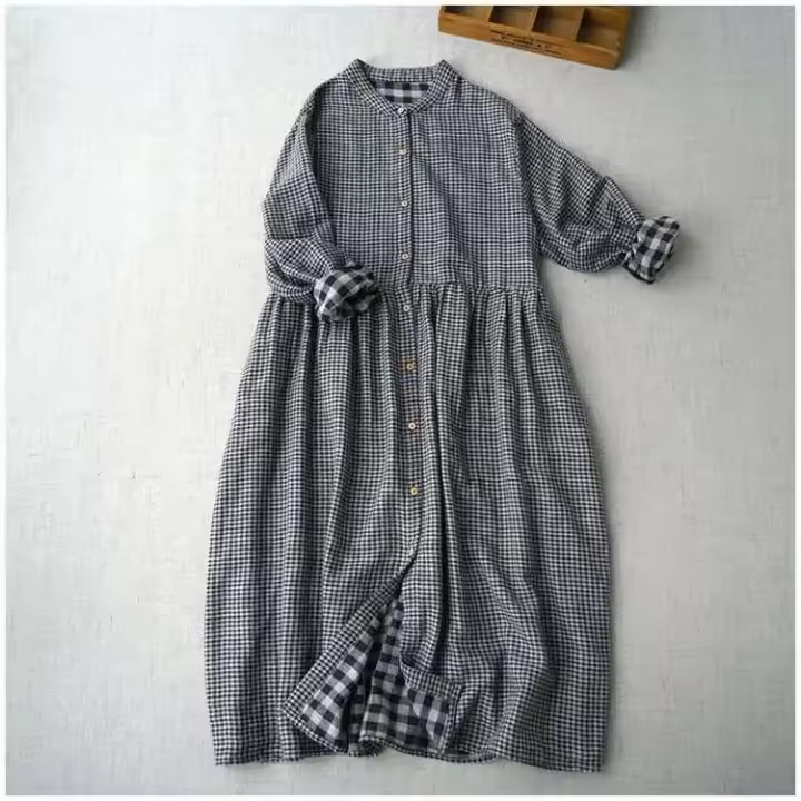 Vestido literario de primavera y otoño, cómodo, de algodón de doble capa, con cuello levantado, de manga larga, holgadas de cuadros - 1
