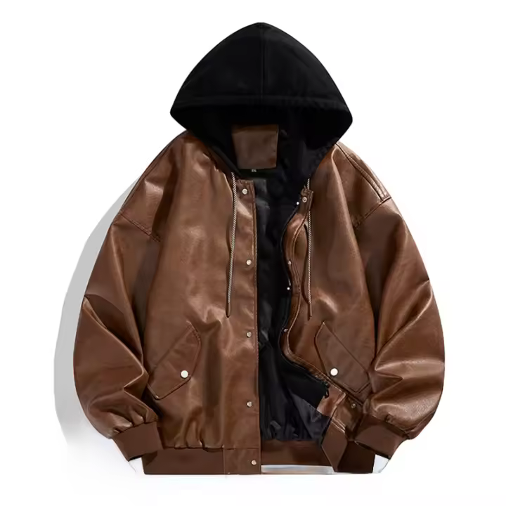 New Fake Two Item Man Leather Jackets Outdoors Loose Fashion Locomotive Clothes Spring Autumn Leisure Solid Hooded Man Coats ﻿ - 1