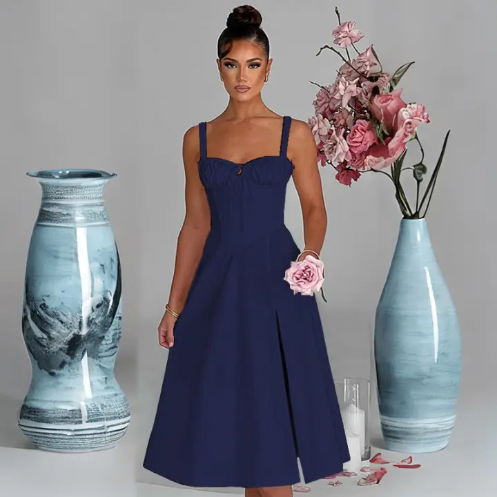 2025 Primavera/Verano nueva moda encaje Casual Slim fit Open Top Strap vestido de gama alta para mujeres - 1