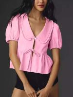 2025 Primavera/Verano nueva camisa de mujer de manga corta con cuello de muñeca de Color sólido con rejilla de lunares - details 0